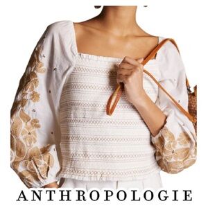 Anthropologie | Smocked Embroidered Ivory and Gold Floral